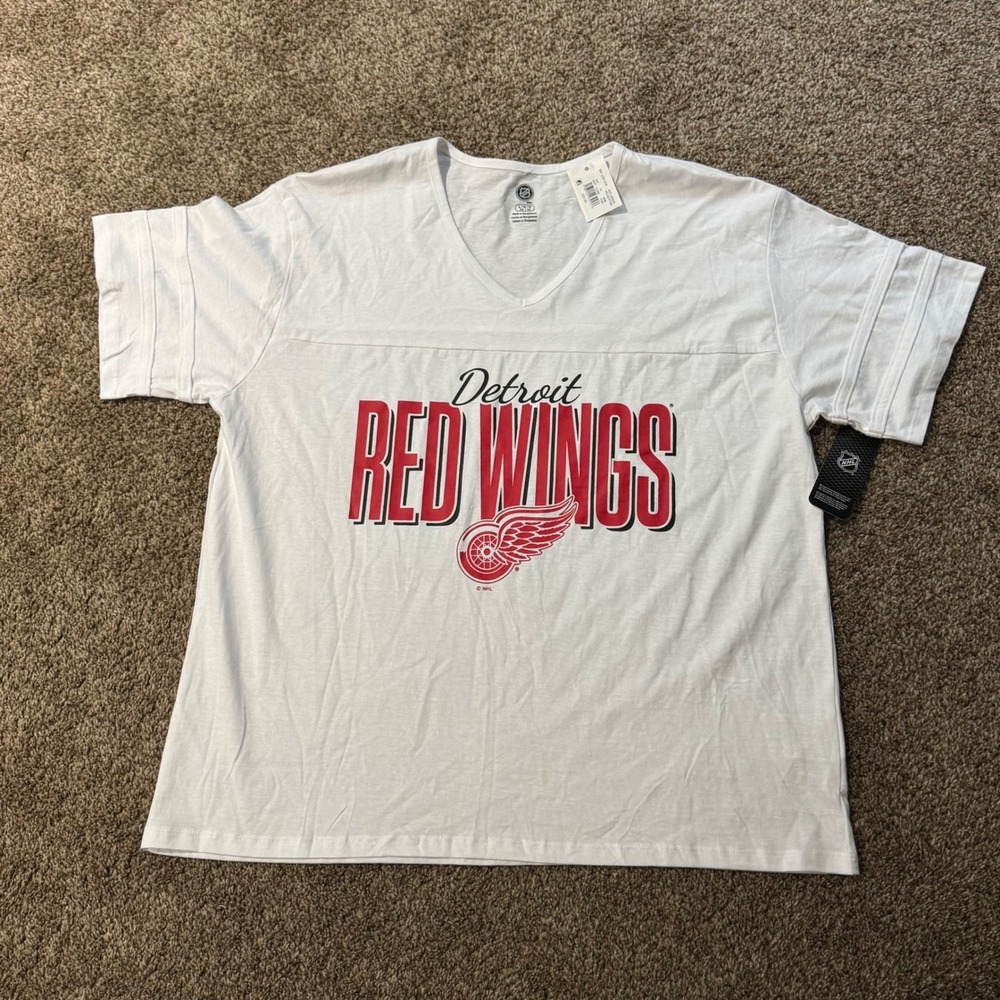 NHL Women White Detroit Red Wings V-Neck Graphic Jersey Tee Size L 12/14 NEW